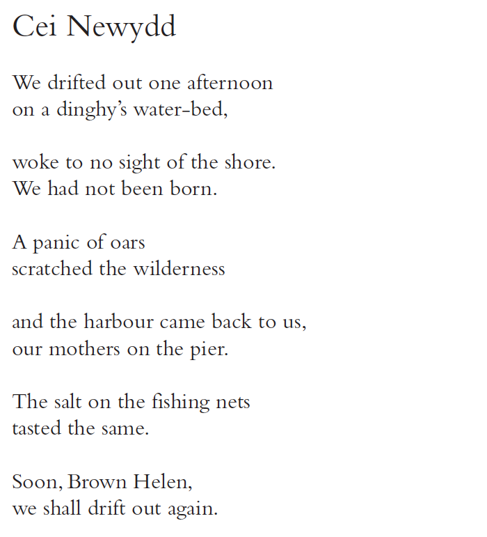 Cei Newydd
We drifted out one afternoon
on a dinghy’s water-bed,
woke to no sight of the shore.
We had not been born.
A panic of oars
scratched the wilderness
and the harbour came back to us,
our mothers on the pier.
The salt on the fishing nets
tasted the same.
Soon, Brown Helen,
we shall drift out again.